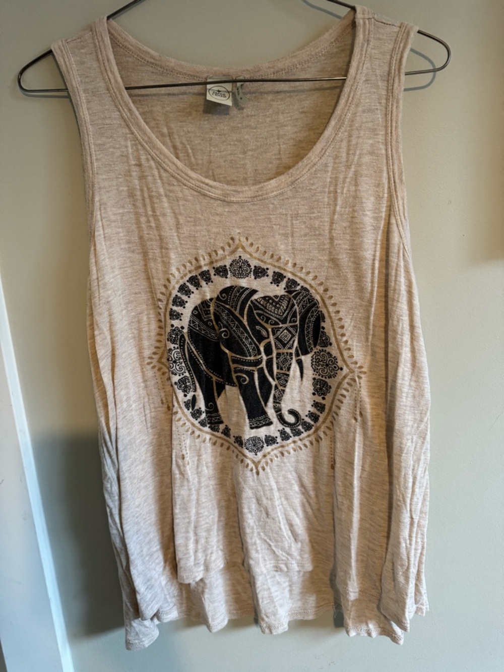 Paper Crane Neutral Beige Scoop Neck Tank with Elephant graphic